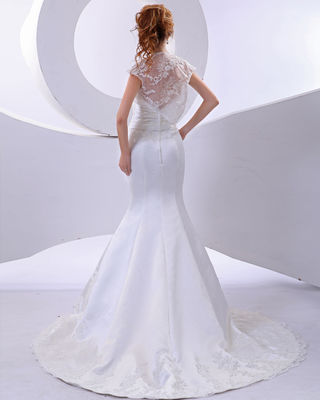 Elegante sirena Flor de encaje Cuello de correa Vestidos de novia con manga corta