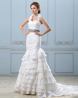 Sexy Abierto atrás vestido de novia en capas con cinturón, baja cintura mujeres vestidos de novia