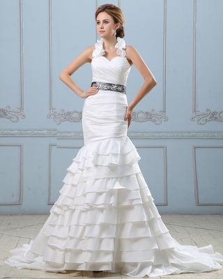 Sexy Abierto atrás vestido de novia en capas con cinturón, baja cintura mujeres vestidos de novia