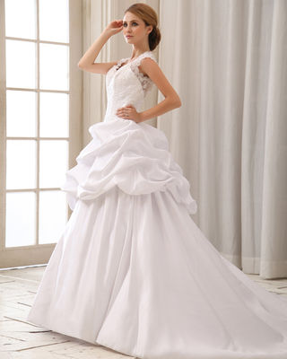 Romántico gorro de encaje manga correa cuello vestidos de novia con sujetador en forma de corazón